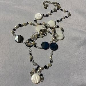 Long Faux Pearl & Faceted Bead Necklace with Flat Round Stone Accents